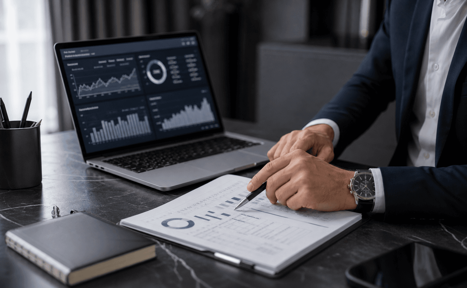 Financial consultant reviewing credit analysis documents